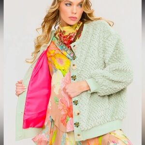 ARATTA Nellie Boho Luxe Mint Fur Jacket Satin Lined Crystal Buttons Boutique